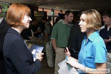 Courtney Wolfe speaks with a recruiter at the career fair.

Filename: crw_0769_std.jpg
Aperture: f/5.0
Shutter Speed: 1/60
Body: Canon EOS DIGITAL REBEL
Lens: Canon EF-S 18-55mm f/3.5-5.6