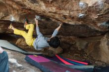 Bouldering in Hueco Tanks on 11/25/2019 with Blue Lizard Climbing and Yoga

Filename: SRM_20191125_1623190.jpg
Aperture: f/3.2
Shutter Speed: 1/320
Body: Canon EOS-1D Mark II
Lens: Canon EF 50mm f/1.8 II