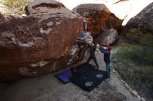Bouldering in Hueco Tanks on 12/06/2019 with Blue Lizard Climbing and Yoga

Filename: SRM_20191206_1021230.jpg
Aperture: f/7.1
Shutter Speed: 1/250
Body: Canon EOS-1D Mark II
Lens: Canon EF 16-35mm f/2.8 L