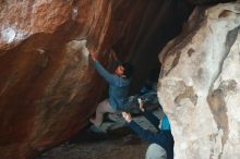 Bouldering in Hueco Tanks on 12/16/2019 with Blue Lizard Climbing and Yoga

Filename: SRM_20191216_1755390.jpg
Aperture: f/2.5
Shutter Speed: 1/250
Body: Canon EOS-1D Mark II
Lens: Canon EF 50mm f/1.8 II