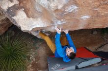 Bouldering in Hueco Tanks on 01/27/2020 with Blue Lizard Climbing and Yoga

Filename: SRM_20200127_1113280.jpg
Aperture: f/5.6
Shutter Speed: 1/250
Body: Canon EOS-1D Mark II
Lens: Canon EF 16-35mm f/2.8 L