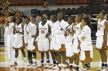 The lady longhorns defeated the Oral Roberts University's (ORU) Golden Eagles 79-40 Saturday night.

Filename: SRM_20061125_1404561.jpg
Aperture: f/4.5
Shutter Speed: 1/200
Body: Canon EOS-1D Mark II
Lens: Canon EF 80-200mm f/2.8 L