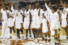 The lady longhorns defeated the Oral Roberts University's (ORU) Golden Eagles 79-40 Saturday night.

Filename: SRM_20061125_1405063.jpg
Aperture: f/4.5
Shutter Speed: 1/200
Body: Canon EOS-1D Mark II
Lens: Canon EF 80-200mm f/2.8 L