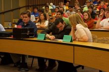 Brian Stobie, Ryan McQuiston, and Taylor Castello (from left) at the Engineering Council meeting, Monday, February 19, 2007.

Filename: SRM_20070219_1912364.jpg
Aperture: f/7.1
Shutter Speed: 1/60
Body: Canon EOS 20D
Lens: Canon EF 50mm f/1.8 II