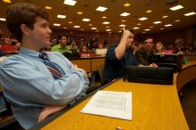 Mark McKeown, Brian Stobie, Ryan McQuiston, and Taylor Castello (from left) at the Engineering Council meeting, Monday, February 19, 2007.

Filename: SRM_20070219_1918580.jpg
Aperture: f/6.3
Shutter Speed: 1/50
Body: Canon EOS-1D Mark II
Lens: Sigma 15-30mm f/3.5-4.5 EX Aspherical DG DF