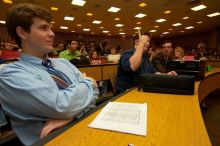 Mark McKeown, Brian Stobie, Ryan McQuiston, and Taylor Castello (from left) at the Engineering Council meeting, Monday, February 19, 2007.

Filename: SRM_20070219_1918589.jpg
Aperture: f/6.3
Shutter Speed: 1/50
Body: Canon EOS-1D Mark II
Lens: Sigma 15-30mm f/3.5-4.5 EX Aspherical DG DF