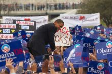 Obama speaking to a crowd of over 20,000 supporters at The Barack Obama "Kick-Ass" Rally--the Obama for president, 2008, rally, held in Austin, Friday, February 23, 2007.

Filename: SRM_20070223_1513480.jpg
Aperture: f/4.5
Shutter Speed: 1/250
Body: Canon EOS 20D
Lens: Canon EF 80-200mm f/2.8 L