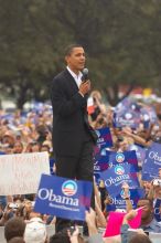 Obama speaking to a crowd of over 20,000 supporters at The Barack Obama "Kick-Ass" Rally--the Obama for president, 2008, rally, held in Austin, Friday, February 23, 2007.

Filename: SRM_20070223_1515000.jpg
Aperture: f/4.0
Shutter Speed: 1/250
Body: Canon EOS 20D
Lens: Canon EF 80-200mm f/2.8 L