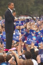 Obama speaking to a crowd of over 20,000 supporters at The Barack Obama "Kick-Ass" Rally--the Obama for president, 2008, rally, held in Austin, Friday, February 23, 2007.

Filename: SRM_20070223_1515228.jpg
Aperture: f/3.5
Shutter Speed: 1/250
Body: Canon EOS 20D
Lens: Canon EF 80-200mm f/2.8 L