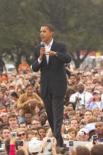 Obama speaking to a crowd of over 20,000 supporters at The Barack Obama "Kick-Ass" Rally--the Obama for president, 2008, rally, held in Austin, Friday, February 23, 2007.

Filename: SRM_20070223_1515585.jpg
Aperture: f/5.0
Shutter Speed: 1/250
Body: Canon EOS 20D
Lens: Canon EF 80-200mm f/2.8 L