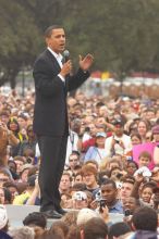 Obama speaking to a crowd of over 20,000 supporters at The Barack Obama "Kick-Ass" Rally--the Obama for president, 2008, rally, held in Austin, Friday, February 23, 2007.

Filename: SRM_20070223_1517145.jpg
Aperture: f/5.0
Shutter Speed: 1/250
Body: Canon EOS 20D
Lens: Canon EF 80-200mm f/2.8 L