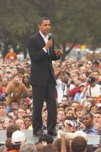 Obama speaking to a crowd of over 20,000 supporters at The Barack Obama "Kick-Ass" Rally--the Obama for president, 2008, rally, held in Austin, Friday, February 23, 2007.

Filename: SRM_20070223_1517388.jpg
Aperture: f/5.0
Shutter Speed: 1/250
Body: Canon EOS 20D
Lens: Canon EF 80-200mm f/2.8 L