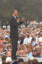 Obama speaking to a crowd of over 20,000 supporters at The Barack Obama "Kick-Ass" Rally--the Obama for president, 2008, rally, held in Austin, Friday, February 23, 2007.

Filename: SRM_20070223_1519269.jpg
Aperture: f/5.0
Shutter Speed: 1/250
Body: Canon EOS 20D
Lens: Canon EF 80-200mm f/2.8 L