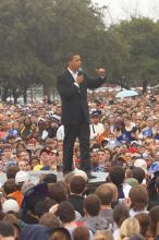 Obama speaking to a crowd of over 20,000 supporters at The Barack Obama "Kick-Ass" Rally--the Obama for president, 2008, rally, held in Austin, Friday, February 23, 2007.

Filename: SRM_20070223_1520127.jpg
Aperture: f/5.0
Shutter Speed: 1/250
Body: Canon EOS 20D
Lens: Canon EF 80-200mm f/2.8 L