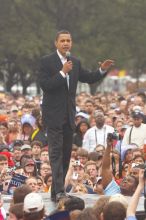 Obama speaking to a crowd of over 20,000 supporters at The Barack Obama "Kick-Ass" Rally--the Obama for president, 2008, rally, held in Austin, Friday, February 23, 2007.

Filename: SRM_20070223_1520209.jpg
Aperture: f/4.5
Shutter Speed: 1/250
Body: Canon EOS 20D
Lens: Canon EF 80-200mm f/2.8 L