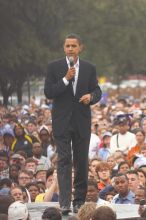 Obama speaking to a crowd of over 20,000 supporters at The Barack Obama "Kick-Ass" Rally--the Obama for president, 2008, rally, held in Austin, Friday, February 23, 2007.

Filename: SRM_20070223_1520360.jpg
Aperture: f/4.5
Shutter Speed: 1/250
Body: Canon EOS 20D
Lens: Canon EF 80-200mm f/2.8 L