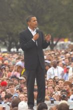 Obama speaking to a crowd of over 20,000 supporters at The Barack Obama "Kick-Ass" Rally--the Obama for president, 2008, rally, held in Austin, Friday, February 23, 2007.

Filename: SRM_20070223_1521221.jpg
Aperture: f/4.5
Shutter Speed: 1/320
Body: Canon EOS 20D
Lens: Canon EF 80-200mm f/2.8 L