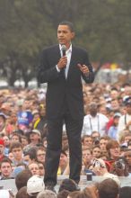 Obama speaking to a crowd of over 20,000 supporters at The Barack Obama "Kick-Ass" Rally--the Obama for president, 2008, rally, held in Austin, Friday, February 23, 2007.

Filename: SRM_20070223_1521284.jpg
Aperture: f/4.5
Shutter Speed: 1/320
Body: Canon EOS 20D
Lens: Canon EF 80-200mm f/2.8 L