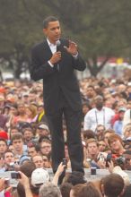 Obama speaking to a crowd of over 20,000 supporters at The Barack Obama "Kick-Ass" Rally--the Obama for president, 2008, rally, held in Austin, Friday, February 23, 2007.

Filename: SRM_20070223_1521368.jpg
Aperture: f/4.5
Shutter Speed: 1/320
Body: Canon EOS 20D
Lens: Canon EF 80-200mm f/2.8 L