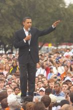 Obama speaking to a crowd of over 20,000 supporters at The Barack Obama "Kick-Ass" Rally--the Obama for president, 2008, rally, held in Austin, Friday, February 23, 2007.

Filename: SRM_20070223_1523140.jpg
Aperture: f/4.5
Shutter Speed: 1/320
Body: Canon EOS 20D
Lens: Canon EF 80-200mm f/2.8 L