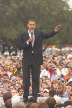 Obama speaking to a crowd of over 20,000 supporters at The Barack Obama "Kick-Ass" Rally--the Obama for president, 2008, rally, held in Austin, Friday, February 23, 2007.

Filename: SRM_20070223_1523161.jpg
Aperture: f/4.5
Shutter Speed: 1/320
Body: Canon EOS 20D
Lens: Canon EF 80-200mm f/2.8 L