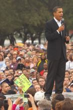 Obama speaking to a crowd of over 20,000 supporters at The Barack Obama "Kick-Ass" Rally--the Obama for president, 2008, rally, held in Austin, Friday, February 23, 2007.

Filename: SRM_20070223_1524064.jpg
Aperture: f/5.0
Shutter Speed: 1/320
Body: Canon EOS 20D
Lens: Canon EF 80-200mm f/2.8 L