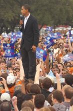 Obama speaking to a crowd of over 20,000 supporters at The Barack Obama "Kick-Ass" Rally--the Obama for president, 2008, rally, held in Austin, Friday, February 23, 2007.

Filename: SRM_20070223_1524229.jpg
Aperture: f/5.0
Shutter Speed: 1/320
Body: Canon EOS 20D
Lens: Canon EF 80-200mm f/2.8 L