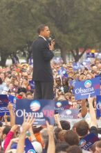 Obama speaking to a crowd of over 20,000 supporters at The Barack Obama "Kick-Ass" Rally--the Obama for president, 2008, rally, held in Austin, Friday, February 23, 2007.

Filename: SRM_20070223_1524446.jpg
Aperture: f/4.5
Shutter Speed: 1/320
Body: Canon EOS 20D
Lens: Canon EF 80-200mm f/2.8 L