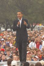 Obama speaking to a crowd of over 20,000 supporters at The Barack Obama "Kick-Ass" Rally--the Obama for president, 2008, rally, held in Austin, Friday, February 23, 2007.

Filename: SRM_20070223_1526401.jpg
Aperture: f/6.3
Shutter Speed: 1/320
Body: Canon EOS 20D
Lens: Canon EF 80-200mm f/2.8 L