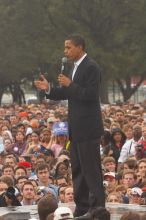 Obama speaking to a crowd of over 20,000 supporters at The Barack Obama "Kick-Ass" Rally--the Obama for president, 2008, rally, held in Austin, Friday, February 23, 2007.

Filename: SRM_20070223_1528024.jpg
Aperture: f/7.1
Shutter Speed: 1/320
Body: Canon EOS 20D
Lens: Canon EF 80-200mm f/2.8 L