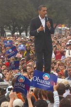 Obama speaking to a crowd of over 20,000 supporters at The Barack Obama "Kick-Ass" Rally--the Obama for president, 2008, rally, held in Austin, Friday, February 23, 2007.

Filename: SRM_20070223_1528264.jpg
Aperture: f/7.1
Shutter Speed: 1/320
Body: Canon EOS 20D
Lens: Canon EF 80-200mm f/2.8 L