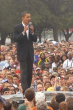 Obama speaking to a crowd of over 20,000 supporters at The Barack Obama "Kick-Ass" Rally--the Obama for president, 2008, rally, held in Austin, Friday, February 23, 2007.

Filename: SRM_20070223_1528504.jpg
Aperture: f/5.6
Shutter Speed: 1/320
Body: Canon EOS 20D
Lens: Canon EF 80-200mm f/2.8 L
