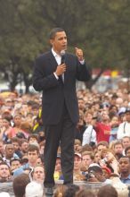 Obama speaking to a crowd of over 20,000 supporters at The Barack Obama "Kick-Ass" Rally--the Obama for president, 2008, rally, held in Austin, Friday, February 23, 2007.

Filename: SRM_20070223_1531224.jpg
Aperture: f/4.5
Shutter Speed: 1/250
Body: Canon EOS 20D
Lens: Canon EF 80-200mm f/2.8 L