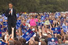 Obama speaking to a crowd of over 20,000 supporters at The Barack Obama "Kick-Ass" Rally--the Obama for president, 2008, rally, held in Austin, Friday, February 23, 2007.

Filename: SRM_20070223_1532188.jpg
Aperture: f/5.0
Shutter Speed: 1/250
Body: Canon EOS 20D
Lens: Canon EF 80-200mm f/2.8 L