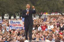 Obama speaking to a crowd of over 20,000 supporters at The Barack Obama "Kick-Ass" Rally--the Obama for president, 2008, rally, held in Austin, Friday, February 23, 2007.

Filename: SRM_20070223_1533404.jpg
Aperture: f/4.0
Shutter Speed: 1/250
Body: Canon EOS 20D
Lens: Canon EF 80-200mm f/2.8 L