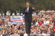 Obama speaking to a crowd of over 20,000 supporters at The Barack Obama "Kick-Ass" Rally--the Obama for president, 2008, rally, held in Austin, Friday, February 23, 2007.

Filename: SRM_20070223_1533467.jpg
Aperture: f/4.0
Shutter Speed: 1/250
Body: Canon EOS 20D
Lens: Canon EF 80-200mm f/2.8 L