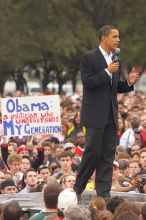 Obama speaking to a crowd of over 20,000 supporters at The Barack Obama "Kick-Ass" Rally--the Obama for president, 2008, rally, held in Austin, Friday, February 23, 2007.

Filename: SRM_20070223_1534241.jpg
Aperture: f/4.0
Shutter Speed: 1/250
Body: Canon EOS 20D
Lens: Canon EF 80-200mm f/2.8 L