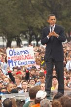 Obama speaking to a crowd of over 20,000 supporters at The Barack Obama "Kick-Ass" Rally--the Obama for president, 2008, rally, held in Austin, Friday, February 23, 2007.

Filename: SRM_20070223_1535028.jpg
Aperture: f/4.0
Shutter Speed: 1/250
Body: Canon EOS 20D
Lens: Canon EF 80-200mm f/2.8 L