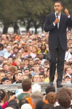 Obama speaking to a crowd of over 20,000 supporters at The Barack Obama "Kick-Ass" Rally--the Obama for president, 2008, rally, held in Austin, Friday, February 23, 2007.

Filename: SRM_20070223_1535301.jpg
Aperture: f/4.0
Shutter Speed: 1/250
Body: Canon EOS 20D
Lens: Canon EF 80-200mm f/2.8 L