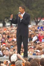 Obama speaking to a crowd of over 20,000 supporters at The Barack Obama "Kick-Ass" Rally--the Obama for president, 2008, rally, held in Austin, Friday, February 23, 2007.

Filename: SRM_20070223_1536424.jpg
Aperture: f/3.5
Shutter Speed: 1/250
Body: Canon EOS 20D
Lens: Canon EF 80-200mm f/2.8 L