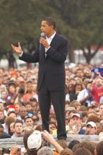 Obama speaking to a crowd of over 20,000 supporters at The Barack Obama "Kick-Ass" Rally--the Obama for president, 2008, rally, held in Austin, Friday, February 23, 2007.

Filename: SRM_20070223_1536465.jpg
Aperture: f/3.5
Shutter Speed: 1/250
Body: Canon EOS 20D
Lens: Canon EF 80-200mm f/2.8 L