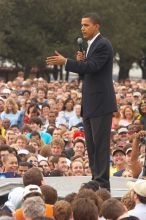 Obama speaking to a crowd of over 20,000 supporters at The Barack Obama "Kick-Ass" Rally--the Obama for president, 2008, rally, held in Austin, Friday, February 23, 2007.

Filename: SRM_20070223_1552005.jpg
Aperture: f/5.6
Shutter Speed: 1/250
Body: Canon EOS 20D
Lens: Canon EF 80-200mm f/2.8 L