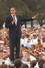 Obama speaking to a crowd of over 20,000 supporters at The Barack Obama "Kick-Ass" Rally--the Obama for president, 2008, rally, held in Austin, Friday, February 23, 2007.

Filename: SRM_20070223_1553487.jpg
Aperture: f/5.6
Shutter Speed: 1/250
Body: Canon EOS 20D
Lens: Canon EF 80-200mm f/2.8 L