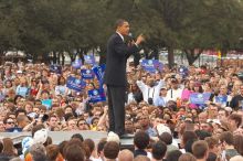 Obama speaking to a crowd of over 20,000 supporters at The Barack Obama "Kick-Ass" Rally--the Obama for president, 2008, rally, held in Austin, Friday, February 23, 2007.

Filename: SRM_20070223_1554145.jpg
Aperture: f/5.6
Shutter Speed: 1/250
Body: Canon EOS 20D
Lens: Canon EF 80-200mm f/2.8 L