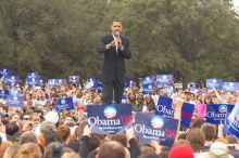 Obama speaking to a crowd of over 20,000 supporters at The Barack Obama "Kick-Ass" Rally--the Obama for president, 2008, rally, held in Austin, Friday, February 23, 2007.

Filename: SRM_20070223_1554268.jpg
Aperture: f/4.5
Shutter Speed: 1/250
Body: Canon EOS 20D
Lens: Canon EF 80-200mm f/2.8 L