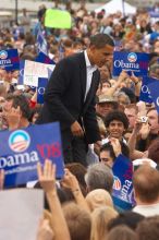 Obama speaking to a crowd of over 20,000 supporters at The Barack Obama "Kick-Ass" Rally--the Obama for president, 2008, rally, held in Austin, Friday, February 23, 2007.

Filename: SRM_20070223_1555445.jpg
Aperture: f/5.6
Shutter Speed: 1/250
Body: Canon EOS 20D
Lens: Canon EF 80-200mm f/2.8 L