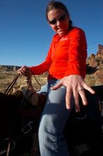 Beth showing off her engagement ring a few minutes after the proposal.  The horseback ride consisted of a stop for dinner, after which she was nearly surprised off the rock we ate on.

Filename: SRM_20070104_1631225-1.jpg
Aperture: f/18.0
Shutter Speed: 1/100
Body: Canon EOS 20D
Lens: Canon EF-S 18-55mm f/3.5-5.6