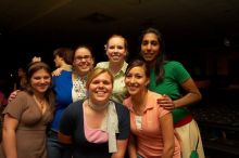 Laura Barhydt, Nicole Goza, Laura Bean, Katie Willcutts, Tahnee De La Cerda, and Sarah Lobo (from left).  Alpha Xi Delta held a sock hop themed date night at the Austin 300 bowling alley, Thursday night, March 29, 2007.

Filename: SRM_20070329_2054345.jpg
Aperture: f/8.0
Shutter Speed: 1/200
Body: Canon EOS-1D Mark II
Lens: Sigma 15-30mm f/3.5-4.5 EX Aspherical DG DF