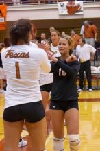 UT senior Alyson Jennings (#16, L) bumps arms with UT freshman Juliann Faucette (#1, OH) before the game.  The Longhorns defeated the Huskers 3-0 on Wednesday night, October 24, 2007 at Gregory Gym.

Filename: SRM_20071024_1832141.jpg
Aperture: f/3.5
Shutter Speed: 1/400
Body: Canon EOS-1D Mark II
Lens: Canon EF 80-200mm f/2.8 L