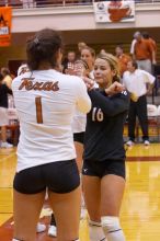 UT senior Alyson Jennings (#16, L) bumps arms with UT freshman Juliann Faucette (#1, OH) before the game.  The Longhorns defeated the Huskers 3-0 on Wednesday night, October 24, 2007 at Gregory Gym.

Filename: SRM_20071024_1832162.jpg
Aperture: f/3.5
Shutter Speed: 1/400
Body: Canon EOS-1D Mark II
Lens: Canon EF 80-200mm f/2.8 L